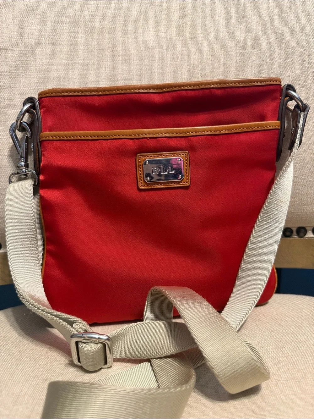 Lauren Ralph Lauren Small Red Crossbody Nylon Bag with Leather Trim